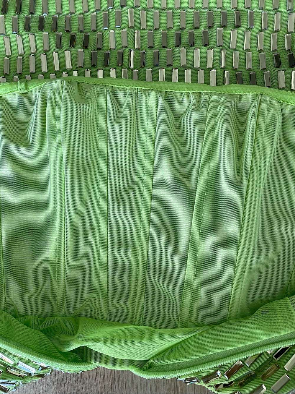Oh Polly Aurora Embellished Bandeau Mini Dress in Pear Green Disco Ball - Picture 5 of 12